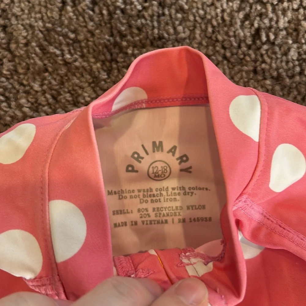 Pink polka dot one piece and yellow swim trunks 12/18m coordinating twin set